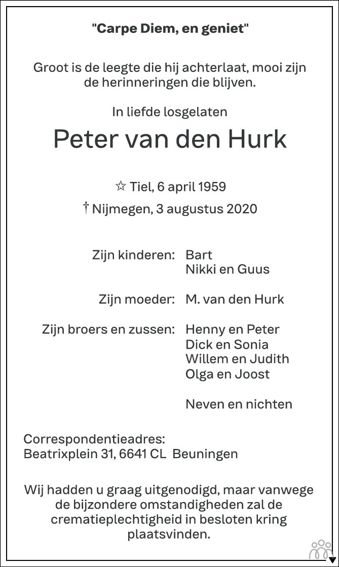 Overlijdensbericht van Peter van den Hurk in de Gelderlander