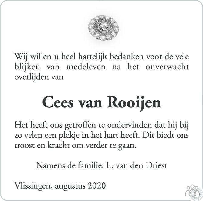 Overlijdensbericht van Cornelis Jan (Cees) van Rooijen in PZC Provinciale Zeeuwse Courant