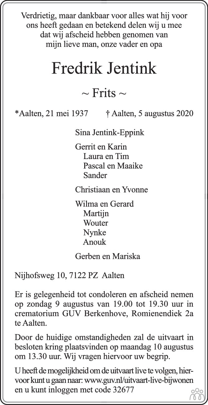Fredrik (Frits) Jentink 05082020 overlijdensbericht en condoleances
