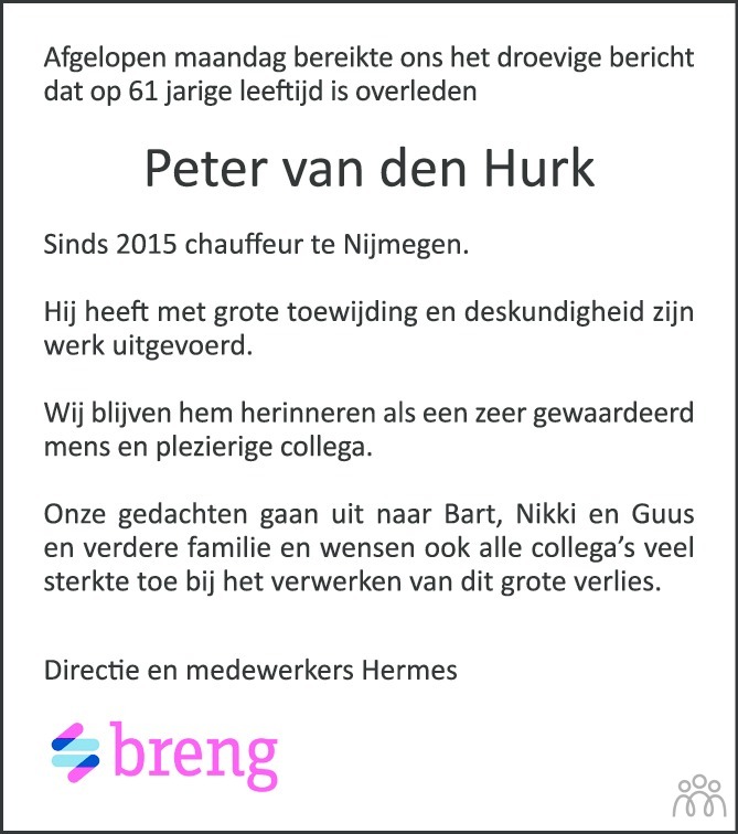 Overlijdensbericht van Peter van den Hurk in de Gelderlander
