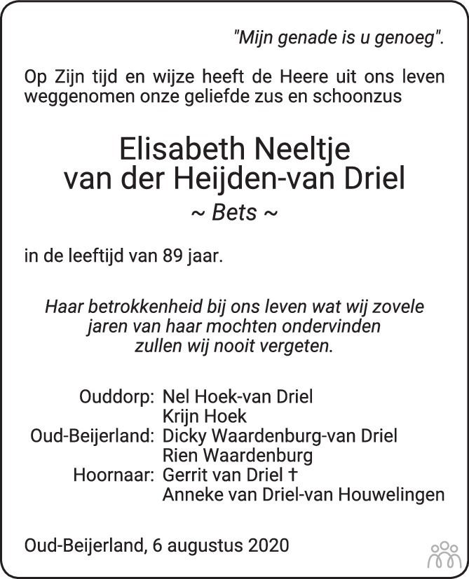 Elisabeth Neeltje (Bets) van der Heijden-van Driel 06-08-2020 ...