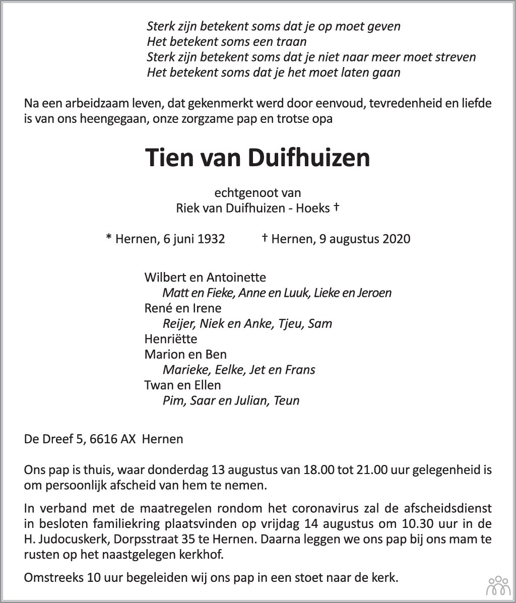 Overlijdensbericht van Tien van Duifhuizen in de Gelderlander