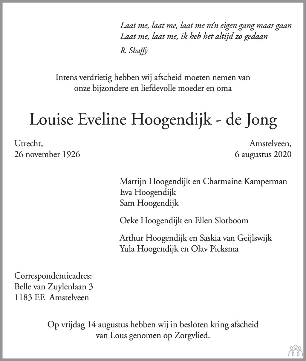 Louise Eveline Hoogendijk-de Jong ✝ 06-08-2020 overlijdensbericht en  condoleances - Mensenlinq.nl