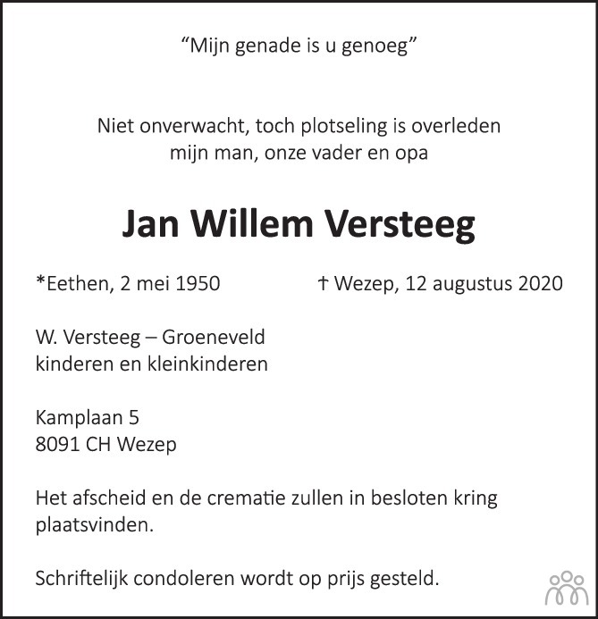 Overlijdensbericht van Jan Willem Versteeg in de Stentor