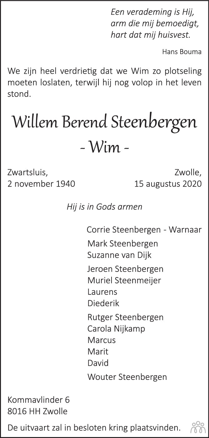 Willem Berend Wim Steenbergen 15 08 2020 Overlijdensbericht En willem-berend-wim-steenbergen-15-08-2020-overlijdensbericht-en