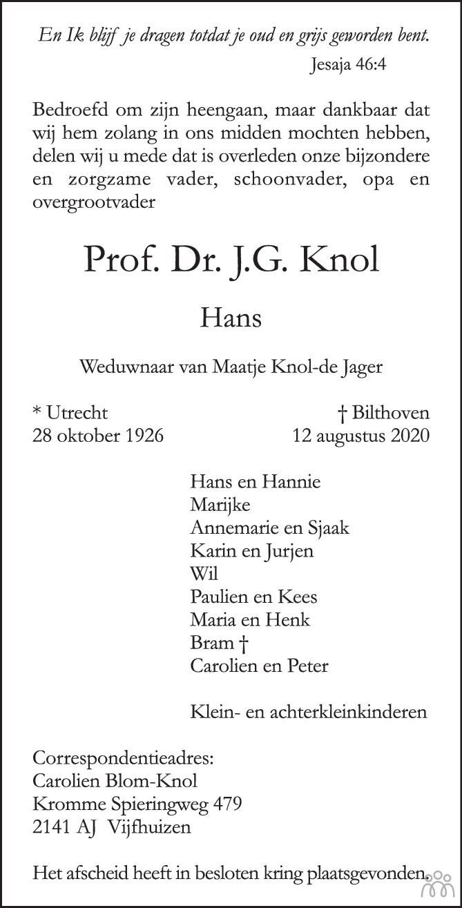 Prof Dr J G Hans Knol 12 08 Overlijdensbericht En Condoleances Mensenlinq Nl