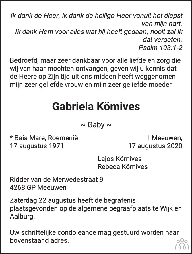 Overlijdensbericht van Gabriela (Gaby) Kömives in De Toren / Carillon
