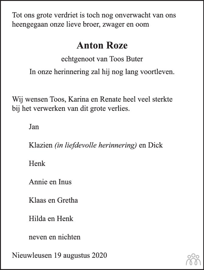 Overlijdensbericht van Anton Roze in de Stentor