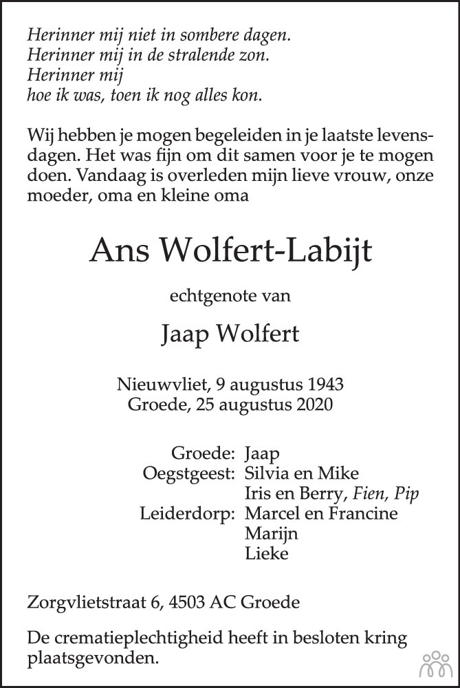 Overlijdensbericht van Ans Wolfert-Labijt in PZC Provinciale Zeeuwse Courant