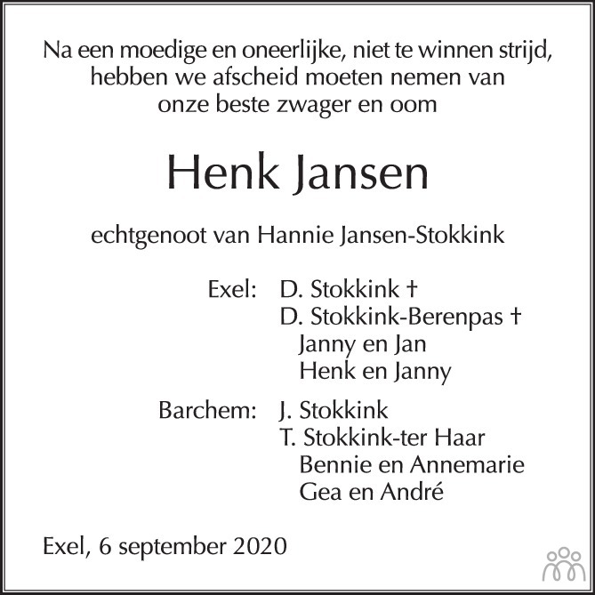 Henk Jansen 06-09-2020 overlijdensbericht en condoleances - Mensenlinq.nl