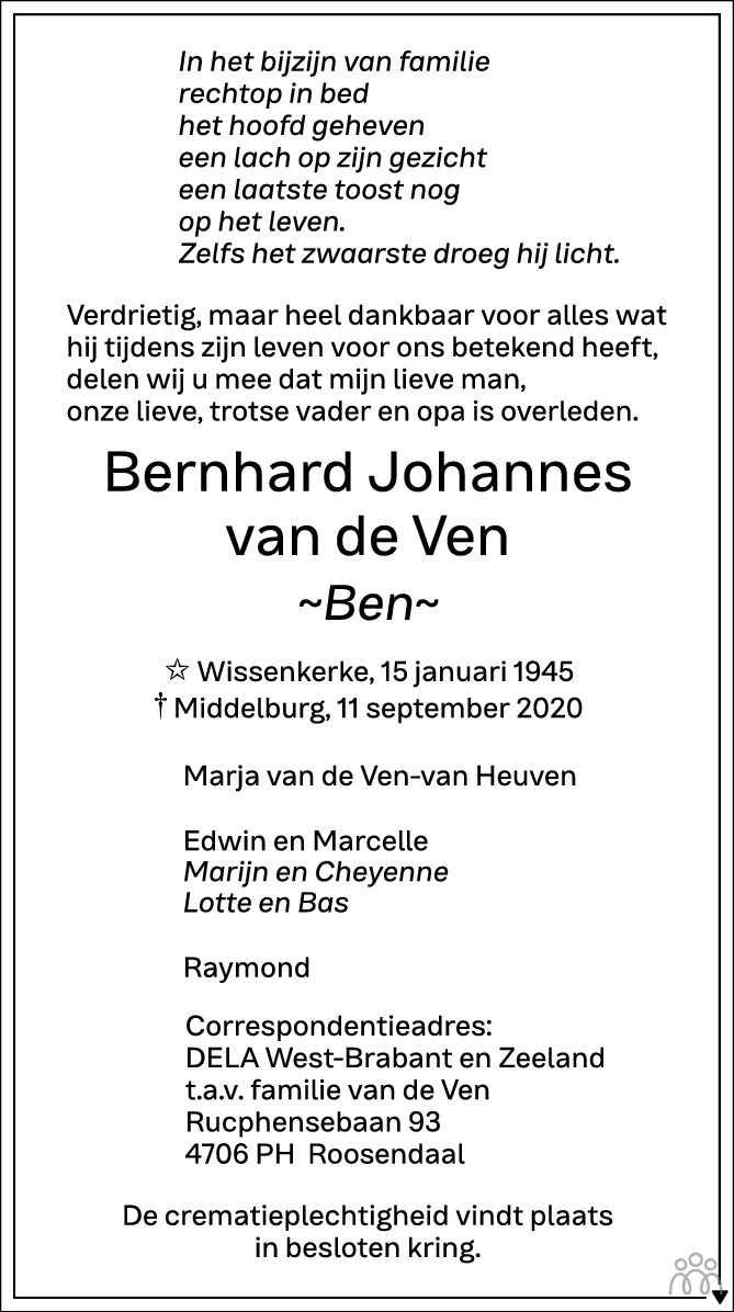 Bernhard Johannes (Ben) van der Ven ✝ 11-09-2020 overlijdensbericht en  condoleances - Mensenlinq.nl