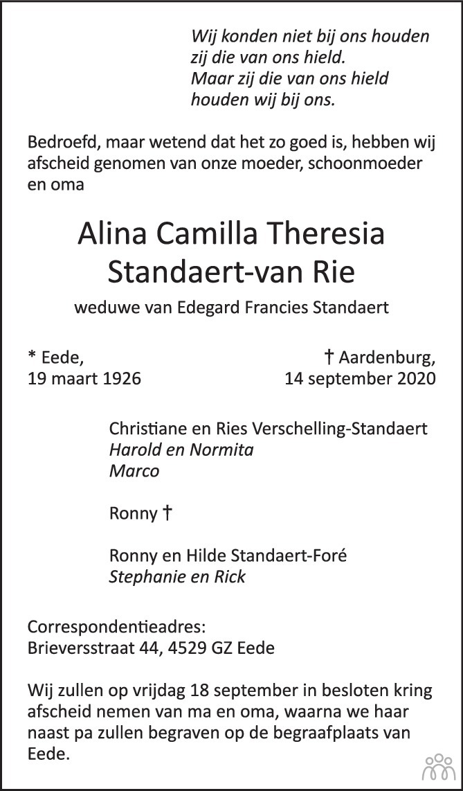 Overlijdensbericht van Alina Camilla Theresia Standaert-van Rie in PZC Provinciale Zeeuwse Courant