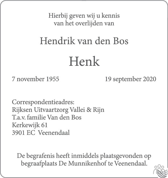 Hendrik (Henk) van den Bos 19092020 overlijdensbericht en