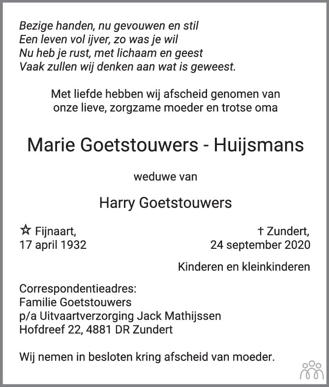 Overlijdensbericht van Marie Goetstouwers-Huijsmans in BN DeStem