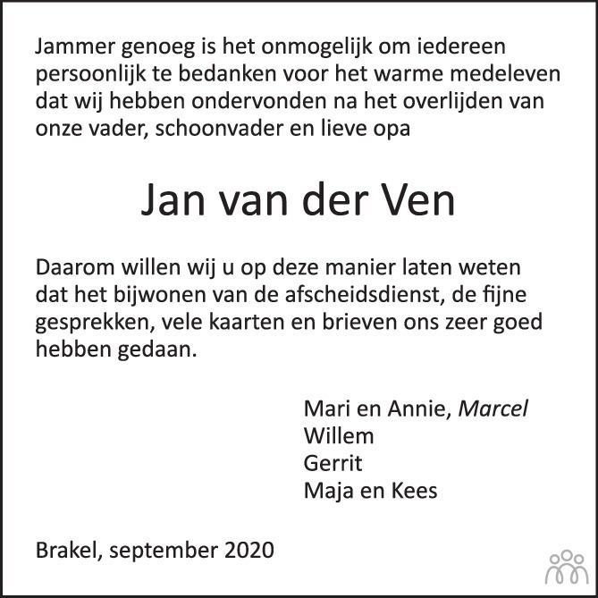 Jan Van Der Ven 25 09 2020 Overlijdensbericht En Condoleances Mensenlinq Nl