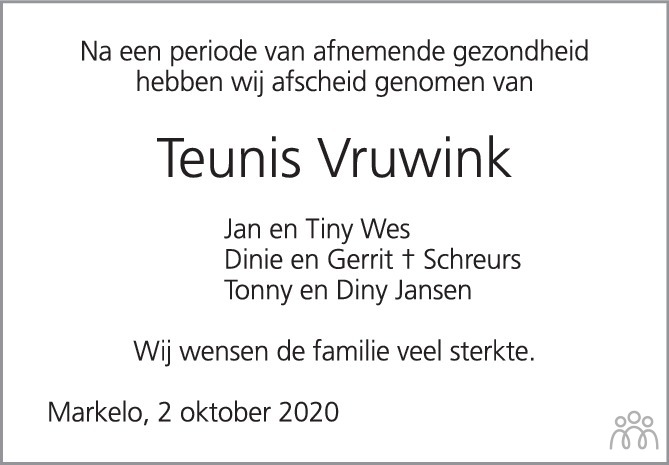 Teunis (Teunis Albert) Vruwink 02102020 overlijdensbericht en