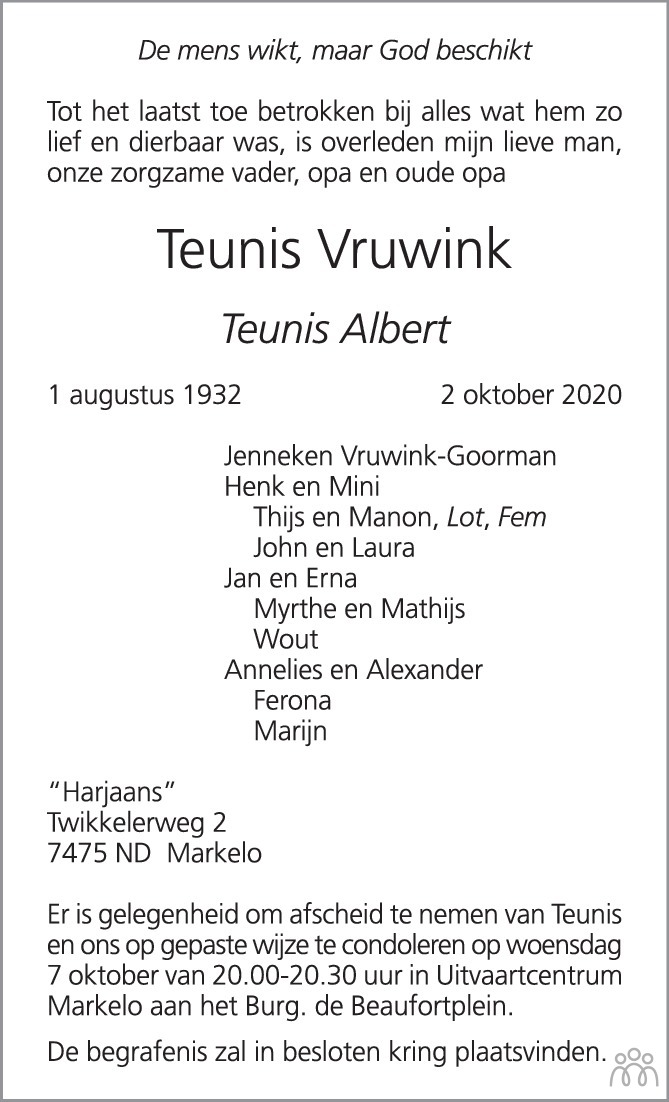 Teunis (Teunis Albert) Vruwink 02102020 overlijdensbericht en