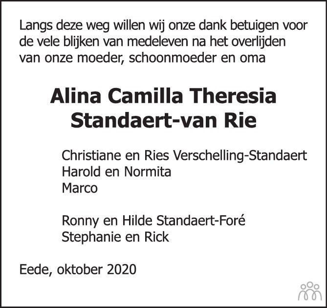 Overlijdensbericht van Alina Camilla Theresia Standaert-van Rie in PZC Provinciale Zeeuwse Courant