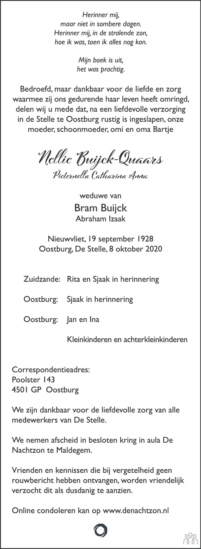 Overlijdensbericht van Nellie Buijck-Quaars in PZC Provinciale Zeeuwse Courant