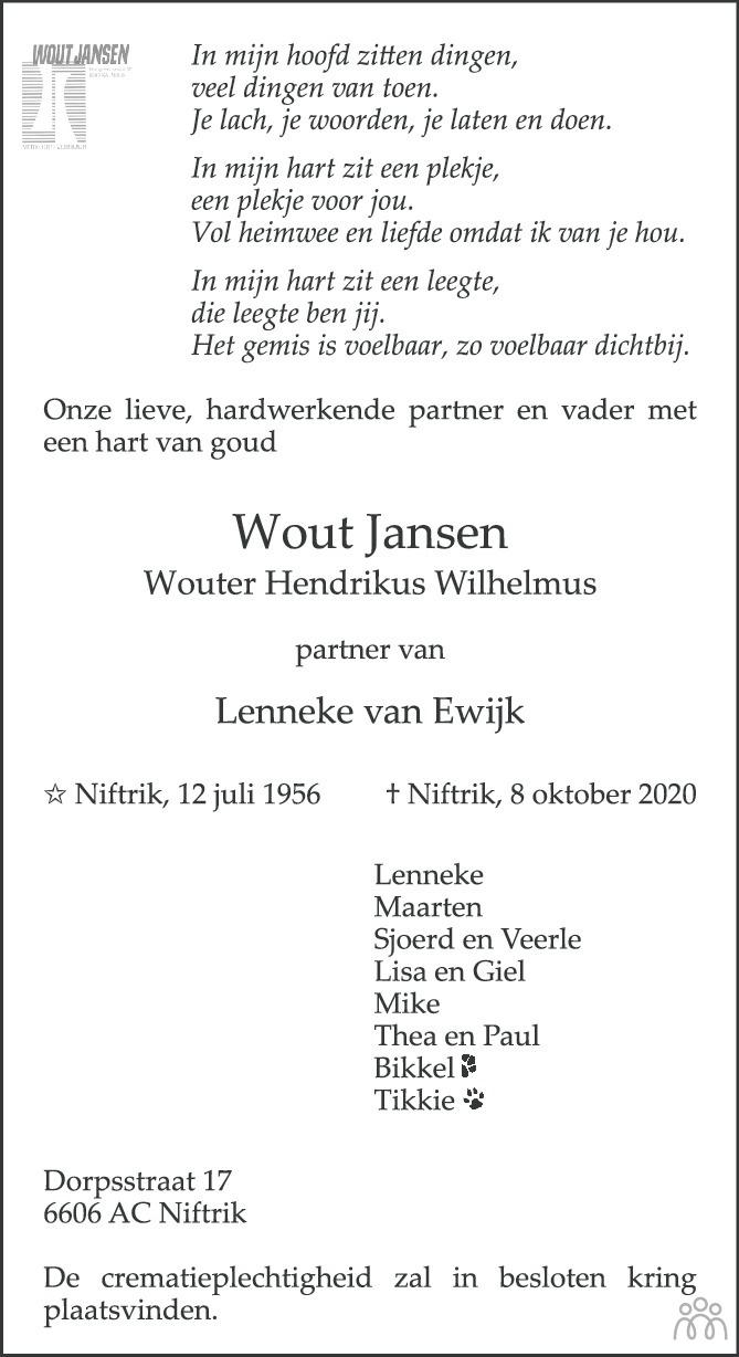 Overlijdensbericht van Wout  Jansen in de Gelderlander