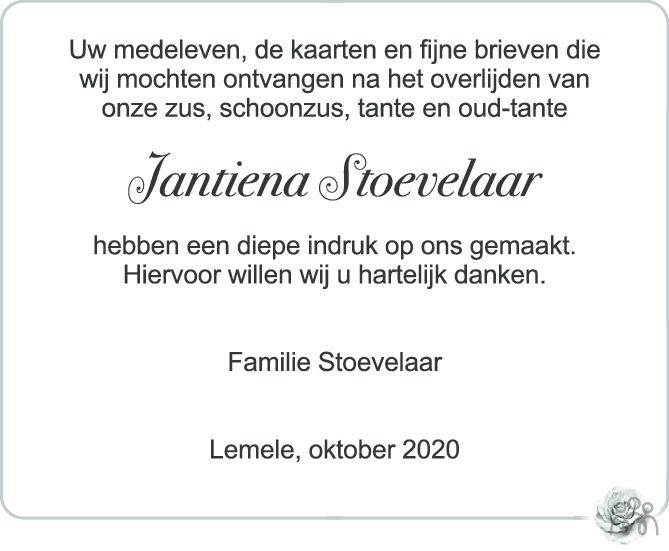 Overlijdensbericht van Jantiena Hendrika (Jantiena) Stoevelaar in de Stentor
