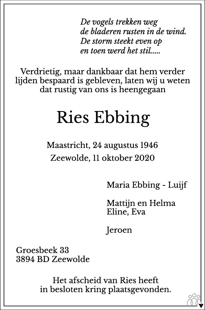 Overlijdensbericht van Ries Ebbing in AD Algemeen Dagblad