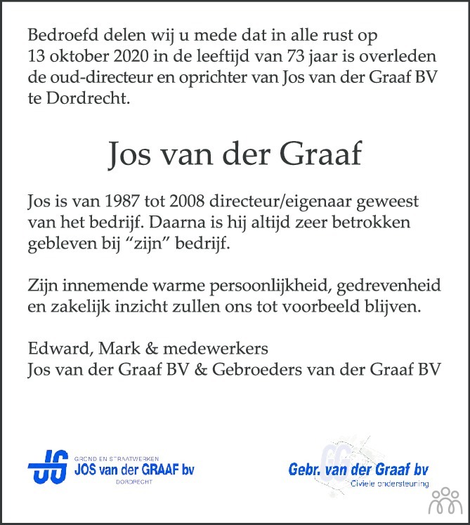 Jos van der Graaf 13102020 overlijdensbericht en condoleances