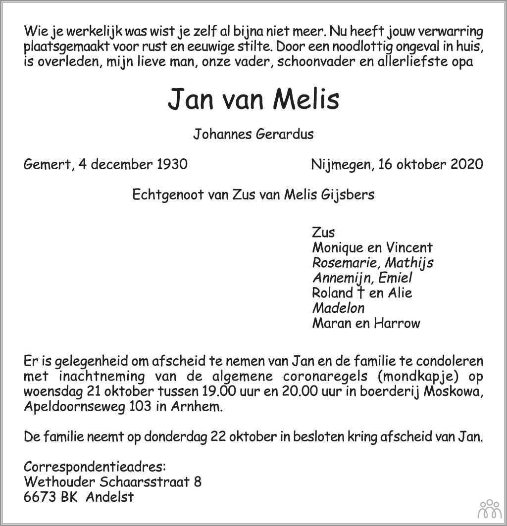Jan van Melis 16-10-2020 overlijdensbericht en condoleances - Mensenlinq.nl