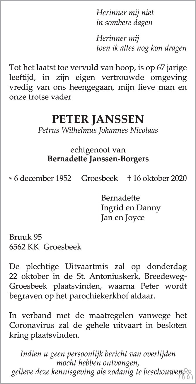 Petrus Wilhelmus Johannes Nicolaas (Peter) Janssen 16-10-2020 ...