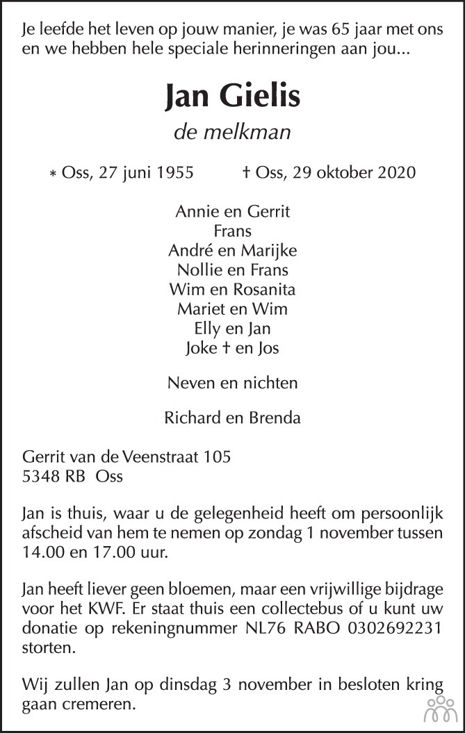 Jan Gielis 29102020 overlijdensbericht en condoleances Mensenlinq.nl