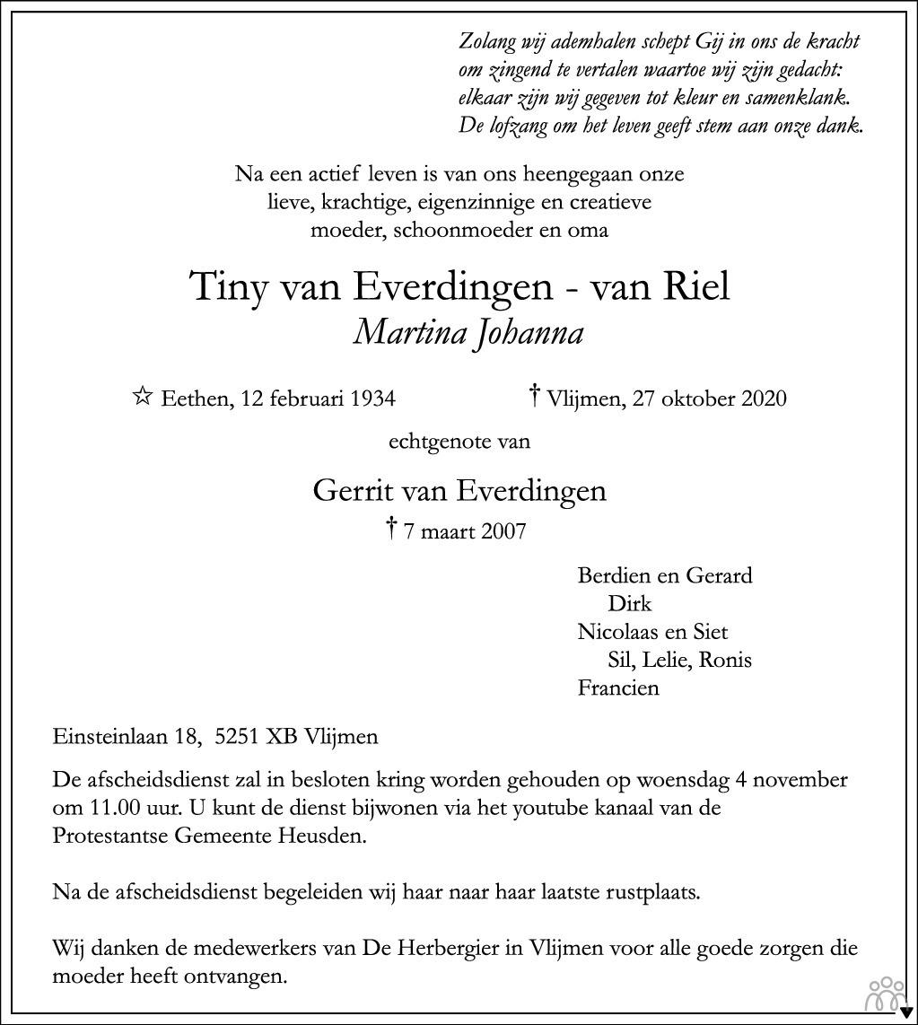 Overlijdensbericht van Tiny (Martina Johanna) van Everdingen-van Riel in Brabants Dagblad
