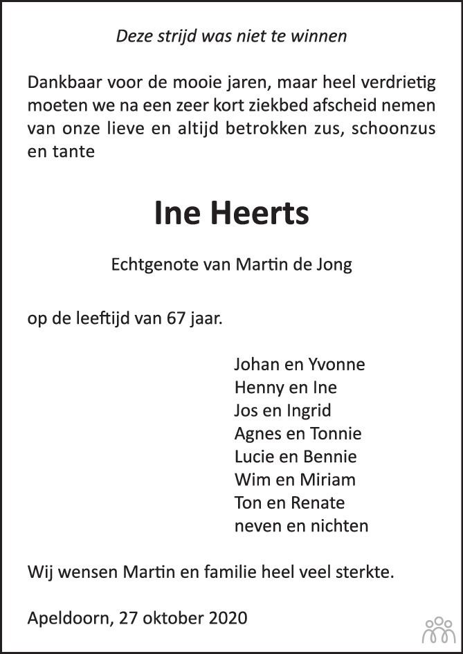 Ine Heerts 27102020 overlijdensbericht en condoleances  Mensenlinq.nl