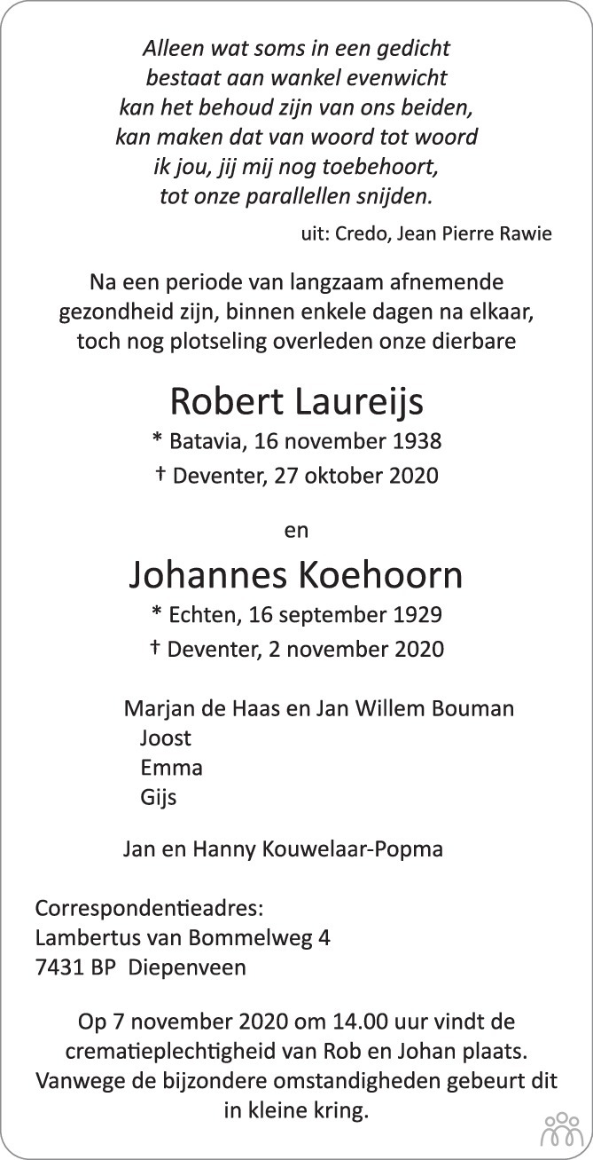 Robert en Johannes Laureijs en Koehoorn 02-11-2020 overlijdensbericht ...