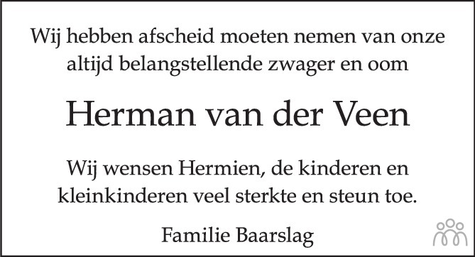 Overlijdensbericht van Herman van der Veen in de Stentor