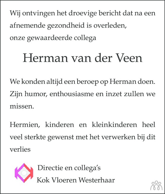 Overlijdensbericht van Herman van der Veen in de Stentor