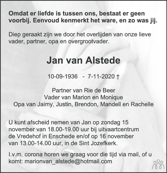 Jan van Alstede 07112020 overlijdensbericht en condoleances