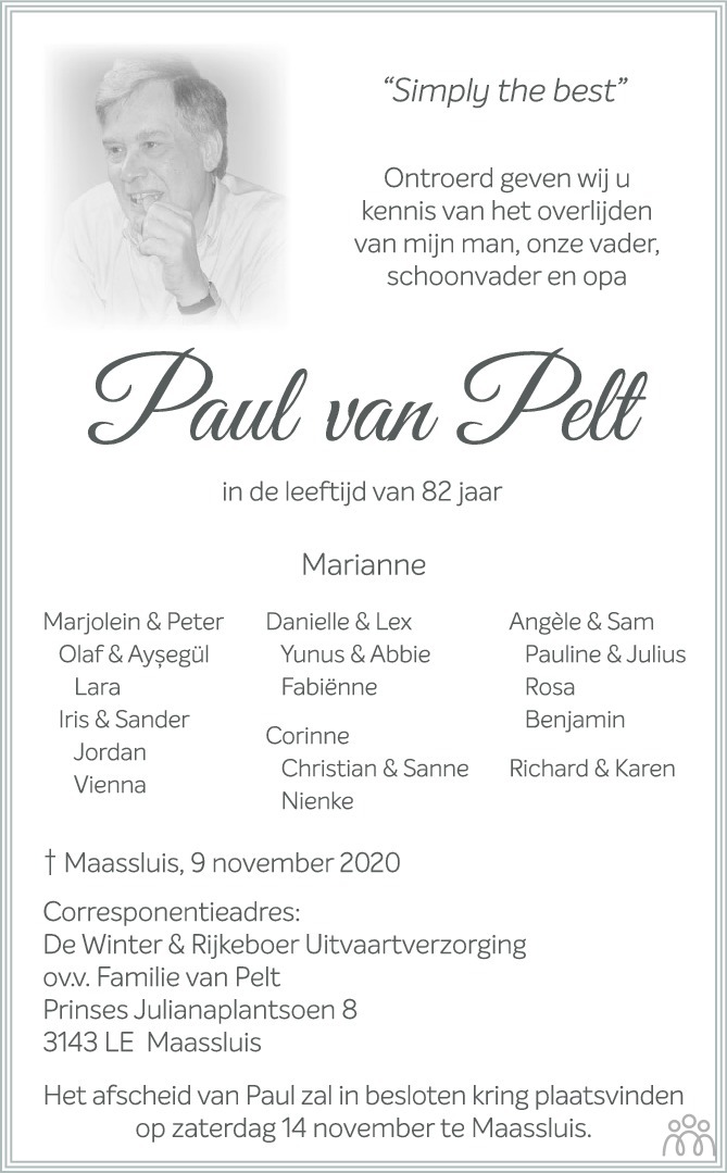 Paul Van Pelt 09 11 2020 Overlijdensbericht En Condoleances Mensenlinqnl