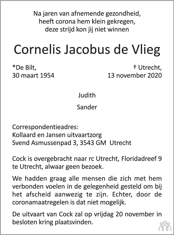 Cornelis Jacobus de Vlieg 13112020 overlijdensbericht en condoleances