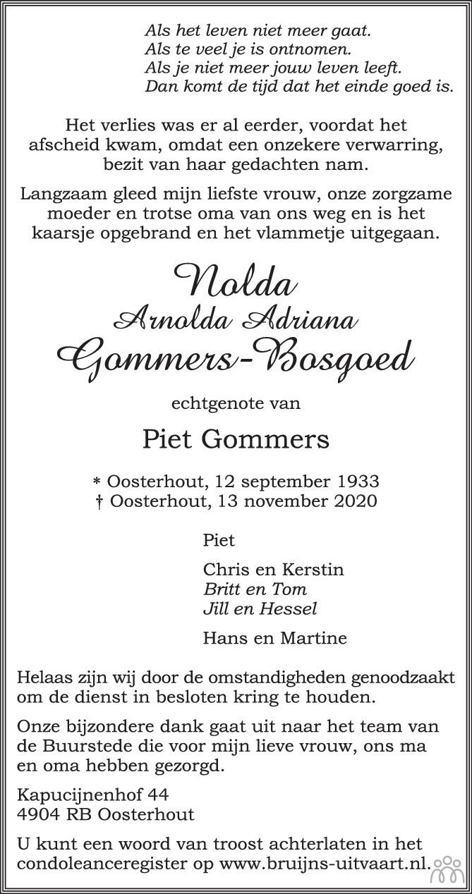 Overlijdensbericht van Nolda (Arnolda Adriana) Gommers-Bosgoed in BN DeStem
