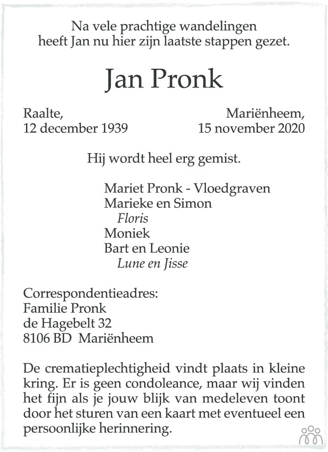 Jan Pronk 15-11-2020 overlijdensbericht en condoleances - Mensenlinq.nl