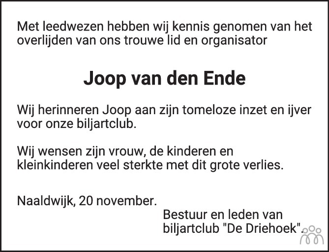 Joop van den Ende 15-11-2020 overlijdensbericht en condoleances