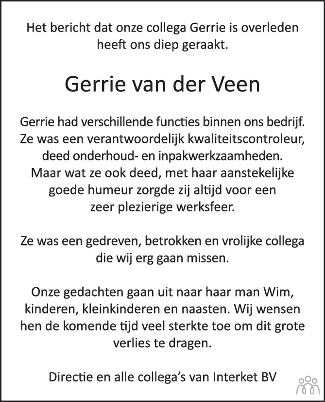Overlijdensbericht van Gerrie (Gerritdina Hendrika) van der Veen-Grootemarsink in de Stentor