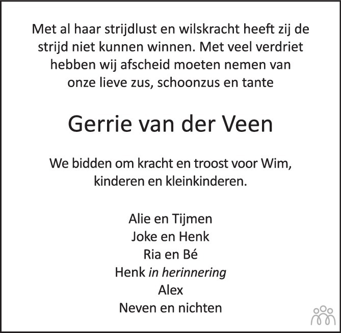 Overlijdensbericht van Gerrie (Gerritdina Hendrika) van der Veen-Grootemarsink in de Stentor