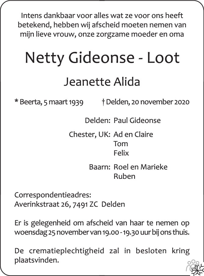 Overlijdensbericht van Netty (Jeanette Alida) Gideonse-Loot in Tubantia