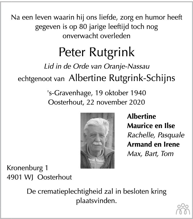 Overlijdensbericht van Peter Rutgrink in BN DeStem