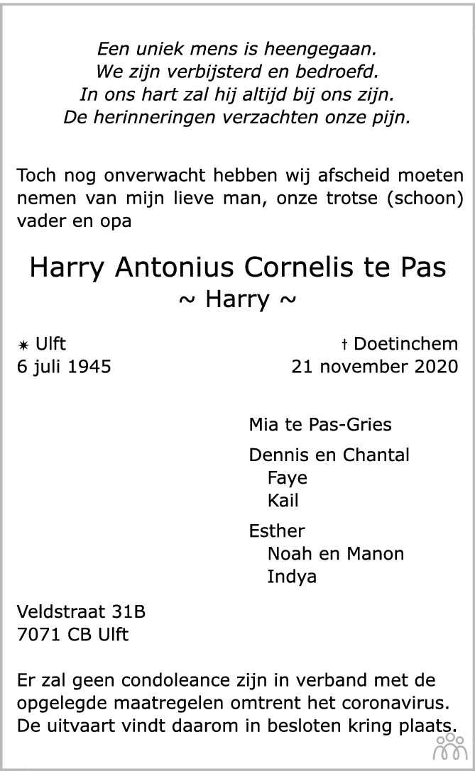 Harry Antonius Cornelis Te Pas 21 11 2020 Overlijdensbericht En