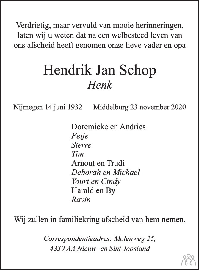 Hendrik Jan Henk Schop Overlijdensbericht En Condoleances Mensenlinq Nl