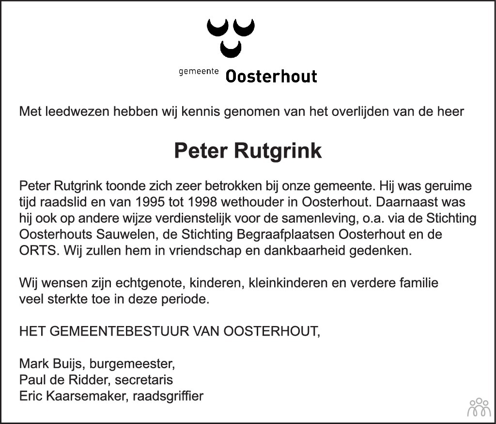Overlijdensbericht van Peter Rutgrink in BN DeStem