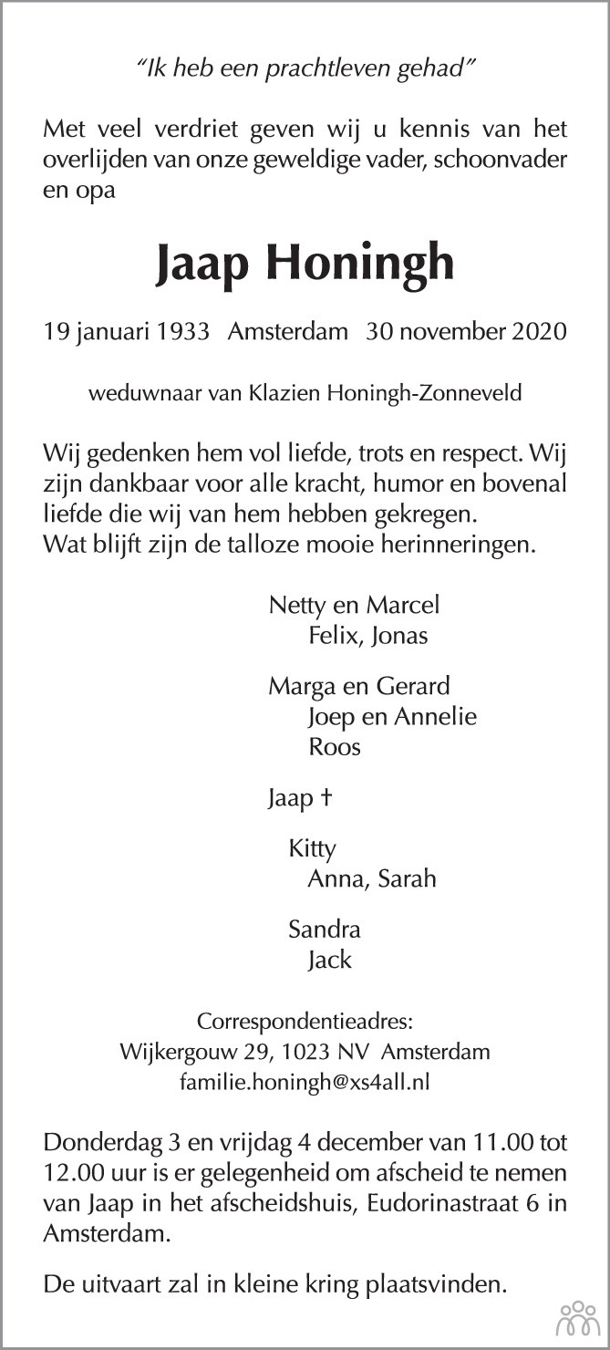 Jaap Honingh 30-11-2020 overlijdensbericht en condoleances - Mensenlinq.nl