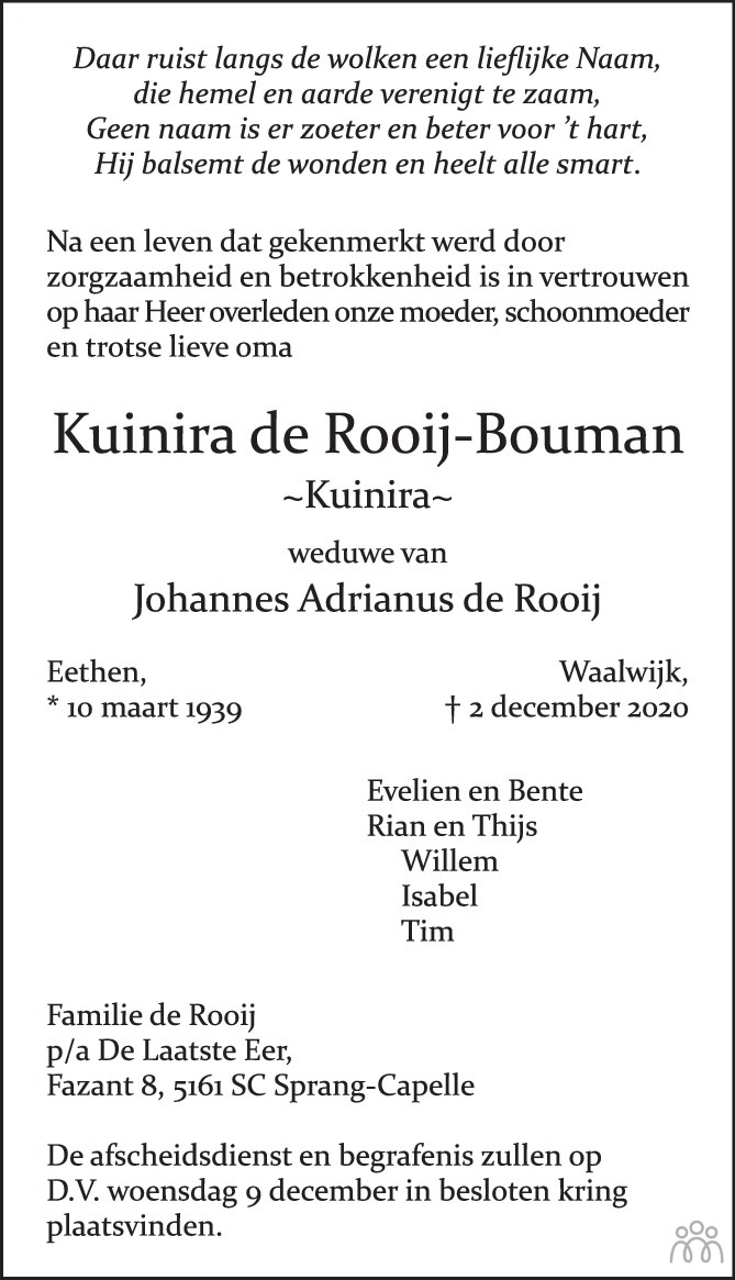 Overlijdensbericht van Kuinira de Rooij-Bouman in Brabants Dagblad